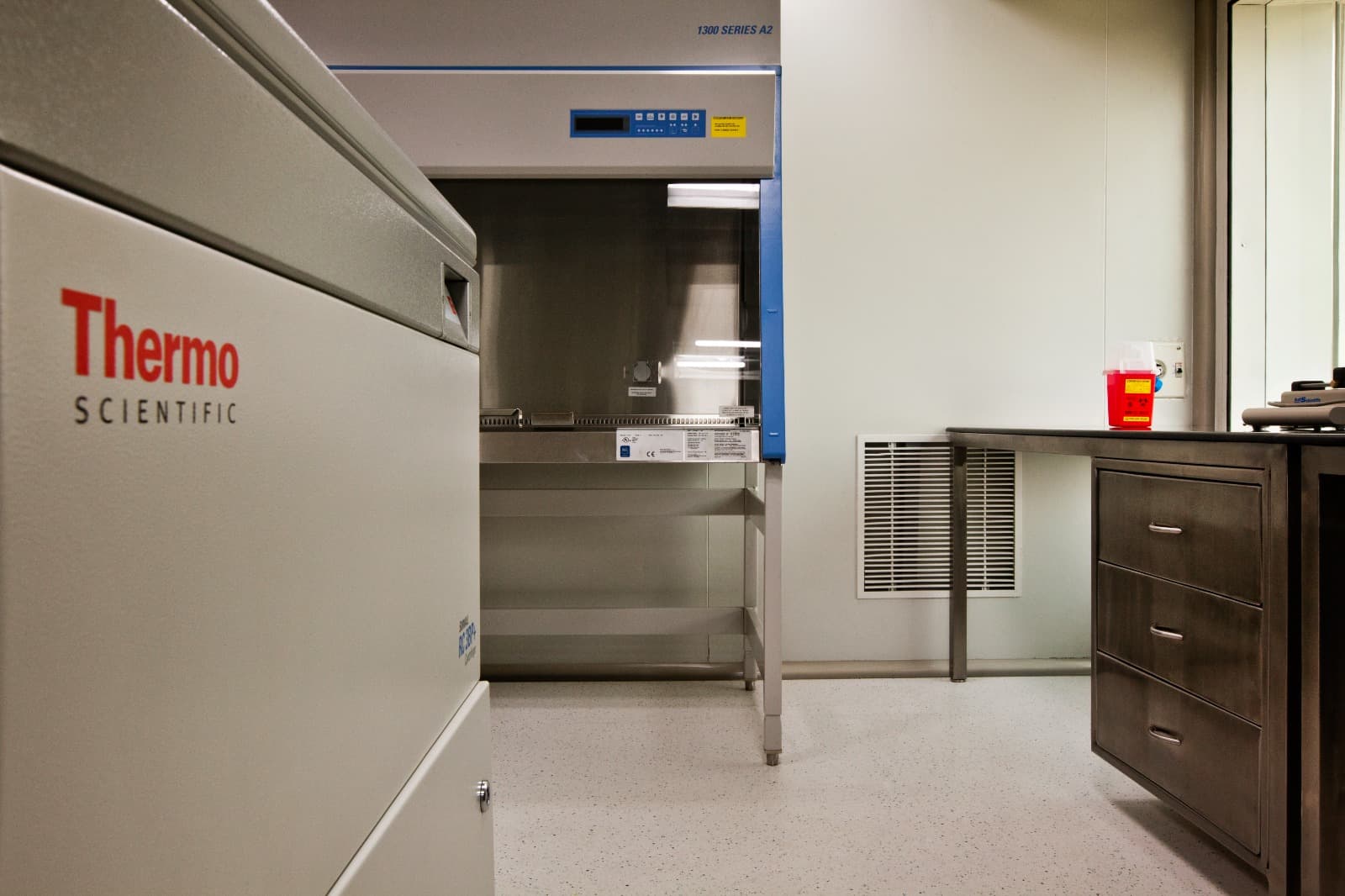 Thermo Scientific 1300 Series A2 biosafety cabinet inside a controlled cleanroom