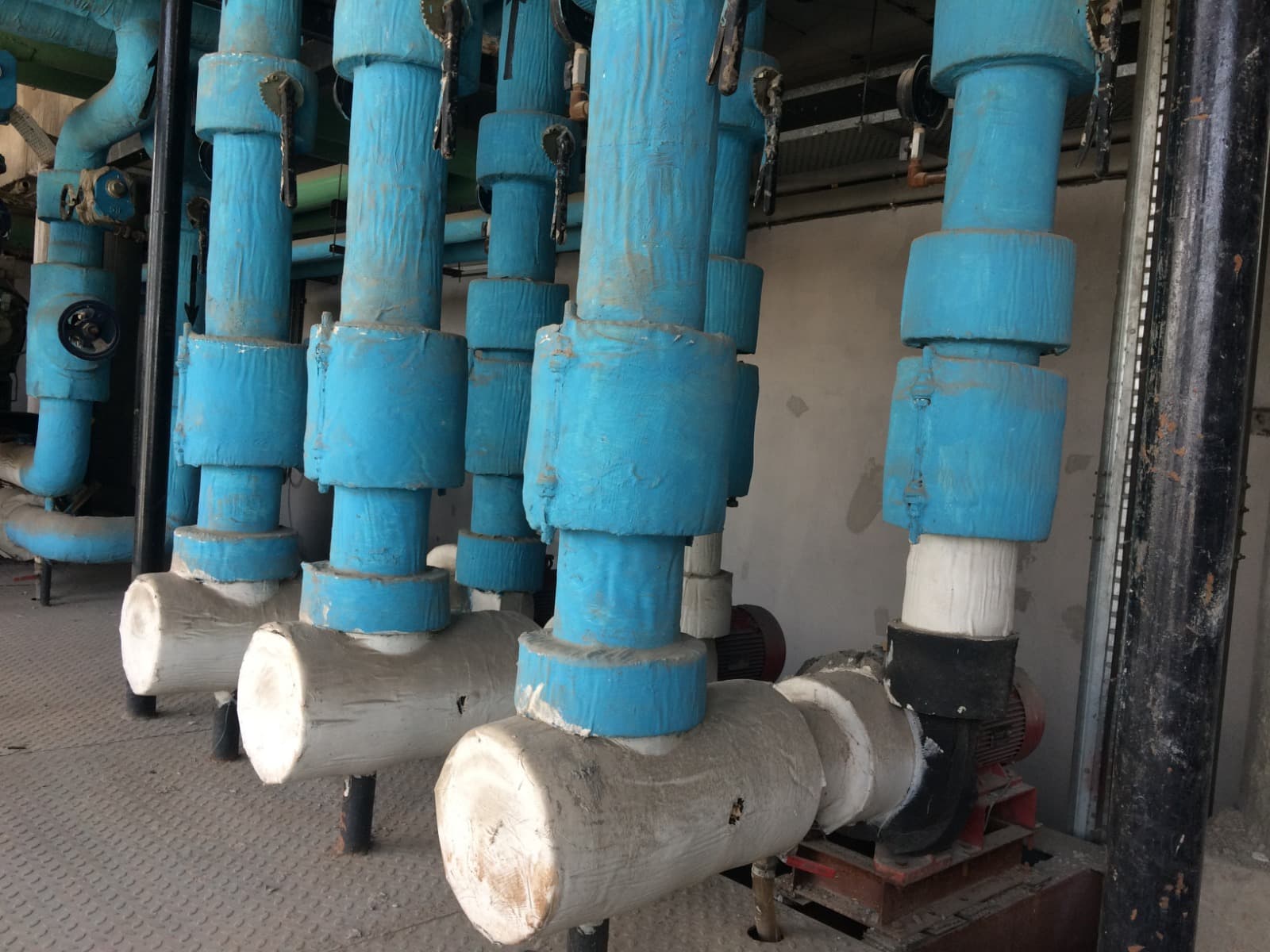 Insulated blue chilled-water piping headers with valves and pumps in the plant room
