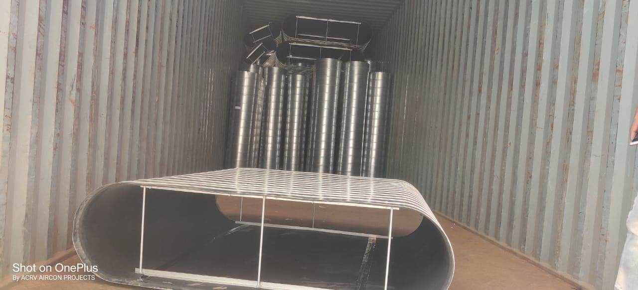 Spiral round and flat-oval GI ducting loaded into a shipping container