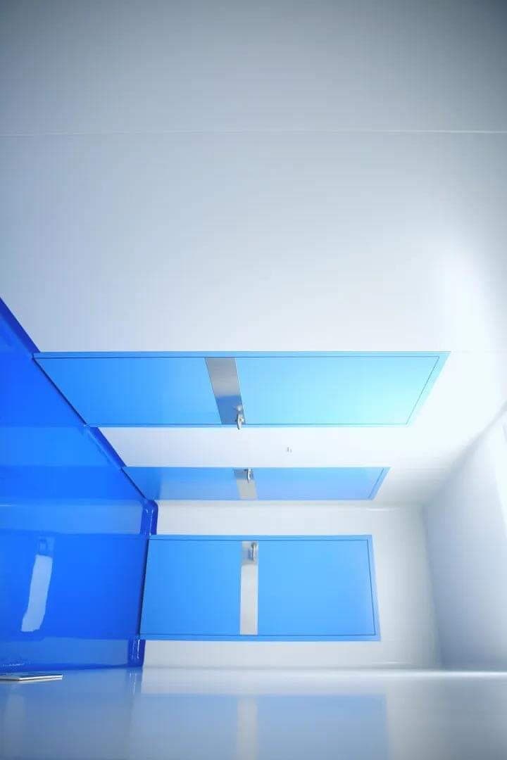 Cleanroom ceiling with blue terminal HEPA and pass-panel housings